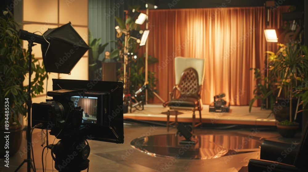 Poster A camera with a large black screen is set up in a studio space. The camera is facing a chair with ornate detail and a golden background. Lighting equipment and plants are also visible.