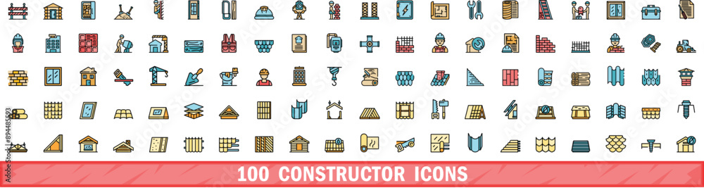 Poster 100 constructor icons set. color line set of constructor vector icons thin line color flat on white