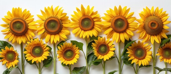 A Row of Sunflowers on a White Background