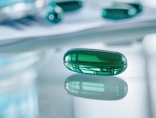 Vibrant green glass capsule on reflective surface