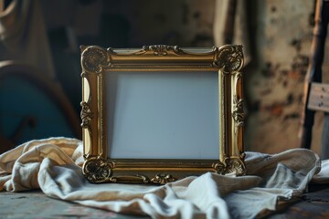 Antique gold picture frame on a draped white fabric with a blurred background, space for text