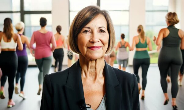 Medium shot portrait video of a pleased woman in her 50s that is wearing a sleek suit against an energetic zumba class with participants dancing background