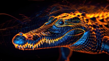 A closeup of a crocodiles head glowing with vibrant orange and blue hues as if digitally rendered
