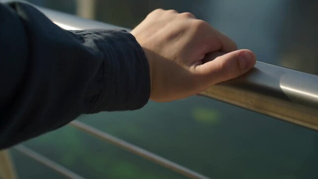 A man stands in a park by a lake, his hands show signs of mental illness, he fidgets nervously, itches and clenches his fists.