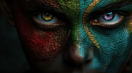 Naklejka premium Vibrant fantasy face with colorful eyes and feathers