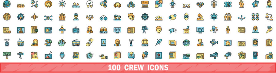 100 crew icons set. Color line set of crew vector icons thin line color flat on white