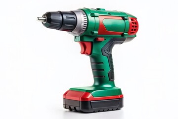 Vibrant green and red cordless drill with powerful electric motor and adjustable torque control on a clean white isolated studio background.