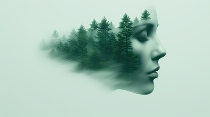 Serene forest landscape with human face silhouette