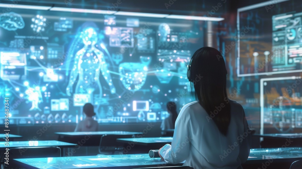 Aufkleber a woman sits at a table in a futuristic room with glowing screens displaying data and a digital huma