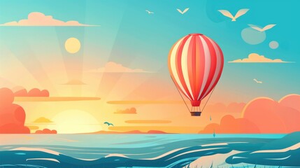 Colorful hot air balloons flying over the sea