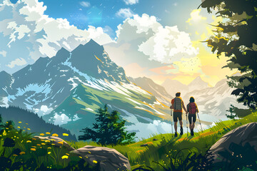Obraz premium Happy couple hiking in a picturesque mountain landscape.