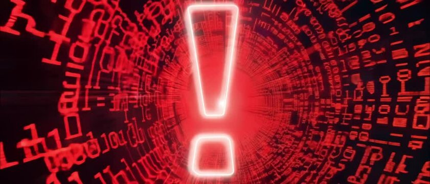 Animation of computer windows folder source code and text alert sign warning monitor screen. Network virus infected system had been hacked. Cyber Crime, Computer Hacking Animation. exclamation mark 