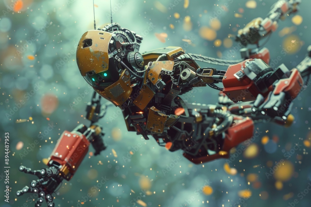 Poster advanced humanoid robot caught in midmotion with gleaming particles around, evoking hightech and ai 