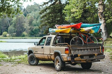Truck loaded with bicycles and kayaks 