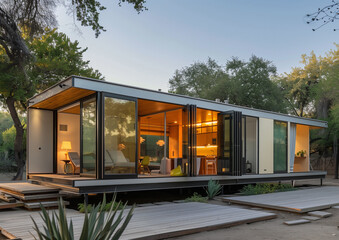 Fototapeta premium a modern modular home constructed from shipping containers, mobile, house, captivating, Shipping Container Tiny Home, steel containers, supreme quality, superior lighting