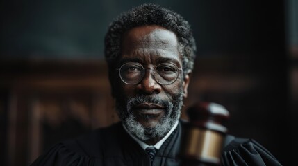 A judicial figure with gray hair, wearing glasses, and holding a gavel. He appears stern and authoritative, with a courthouse background, representing justice and law.