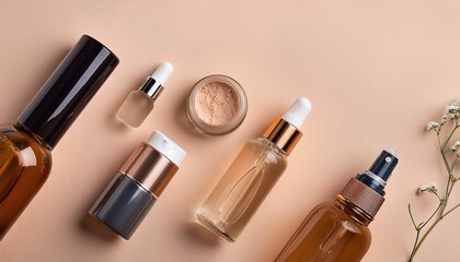 Obraz premium Aerial View of Neatly Arranged Cosmetic Products