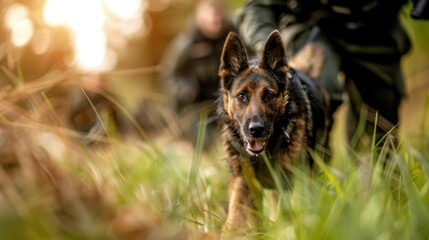 A police dog on a training exercise moves alertly through the grass, showcasing its agility and...