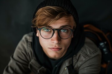 Obraz premium Closeup of a stylish young man with piercing blue eyes and glasses, looking at the camera