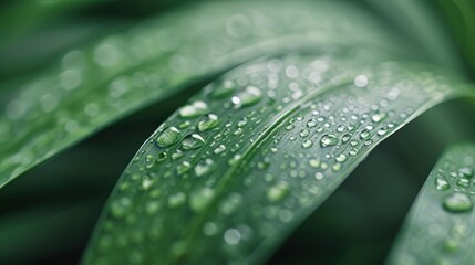 A close-up shot of a green leaf adorned with numerous fresh dew drops that sparkle in the soft morning light, showcasing the beauty of nature's details and freshness.