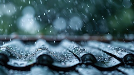 Detailed image of raindrops falling and splashing on roof tiles, captured in close-up, creating a visual of water droplets in motion during a rainy day.