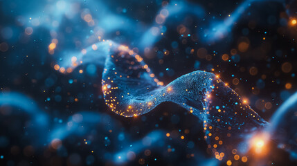 Abstract blue 3D background with DNA gene structures, showcasing genetic science, biotechnology, and medicine concepts in a futuristic digital setting.