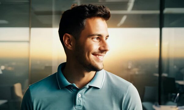 Environmental portrait video of a pleased man in his 20s wearing a sporty polo shirt against an office or corporate background