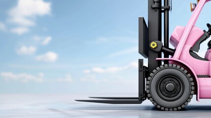 pink forklift on concrete floor with blue sky background