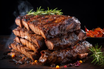 grilled meat and vegetables and herbs cooked on fire as a barbecue, delicious food