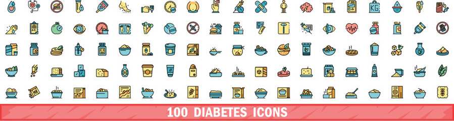 100 diabetes icons set. Color line set of diabetes vector icons thin line color flat on white