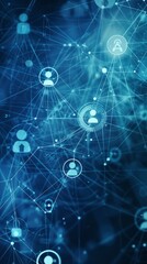 Abstract blue background with icons of people in circles and lines, representing a network connection or social media technology concept