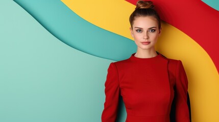 Stylish woman in red dress posing against colorful background