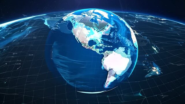 Expanding digital network grid enveloping the Earth in a futuristic animation. - Powered by Adobe