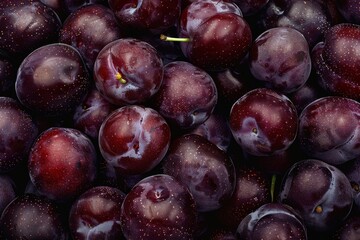 Fototapeta premium Fresh Plums with Droplets of Water and Leafs, Top-View Close-Up Background. Beautiful simple AI generated image in 4K, unique.