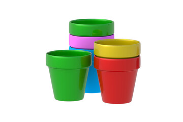 Heap of colorful flower pots isolated on white background. Gardening equipment. 3d render