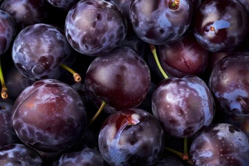 Fototapeta premium Fresh Plums with Droplets of Water and Leafs, Top-View Close-Up Background. Beautiful simple AI generated image in 4K, unique.