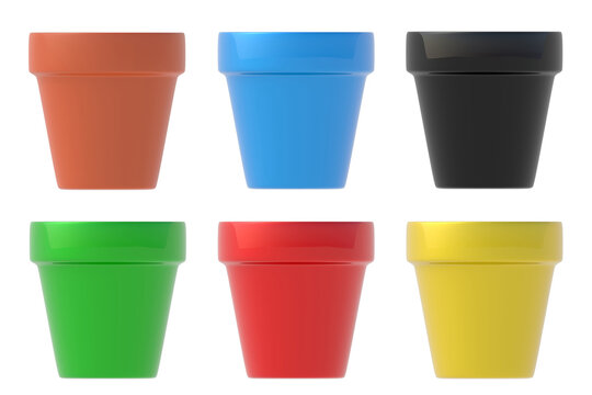 Set of ceramic flower pots isolated on white background. Gardening equipment. 3d render