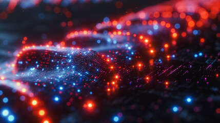 Human DNA and genetic biotechnology in a vibrant blue and red neon light setting, illustrating genome research, biology, and scientific medicine concepts.