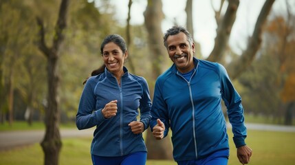 Naklejka premium Indian couple smiling while walking or running outdoors in sportswear, fitness, outdoor exercise, jogging, running together