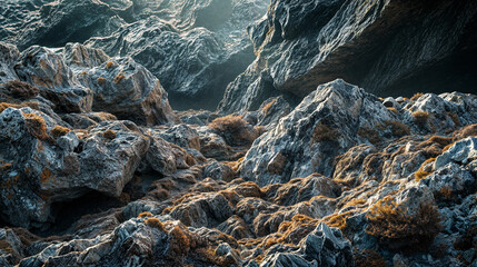 The sun shines through the rocks, creating a warm glow