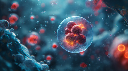 Naklejka premium Human cell structure and DNA molecule in a biotechnology medical research setting, with a clean background offering copy space for annotations.