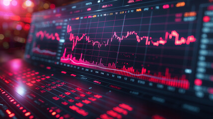 Data processing and diagrams overlaying a stock market background, illustrating financial analysis and market trends.