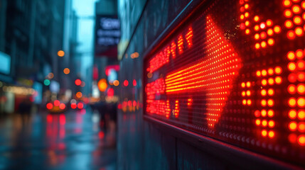 Obraz premium Bold red arrow ascending over a Stock Exchange backdrop, representing financial progress and market advancements.