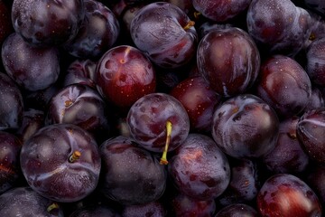 Fototapeta premium Ripe plum. Lots of plums in a basket on a gray wooden table. Blue plums close-up. Healthy fruits. Banner . Beautiful simple AI generated image in 4K, unique.