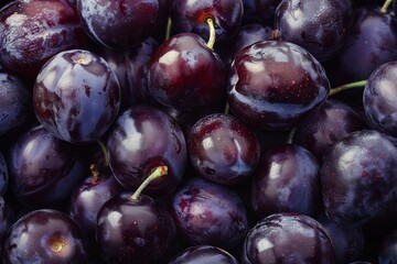 Fototapeta premium Fresh, ripe, organic plums. Close-up. Top View. Beautiful simple AI generated image in 4K, unique.