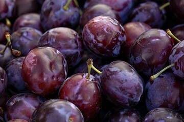 Fototapeta premium Ripe plum. Lots of plums in a basket on a gray wooden table. Blue plums close-up. Healthy fruits. Banner . Beautiful simple AI generated image in 4K, unique.