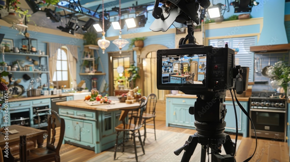 Poster a camera on a tripod is positioned in a kitchen set, capturing a wide shot of the space. the kitchen
