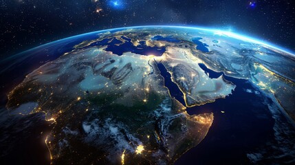 Obraz premium Satellite view of Earth globe from space, lights by night, Africa, Middle East, Asia, abstract digital map