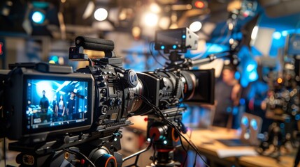 A professional video camera is set up on a tripod and recording a scene with two people in the background. The camera is connected to multiple wires and cables.