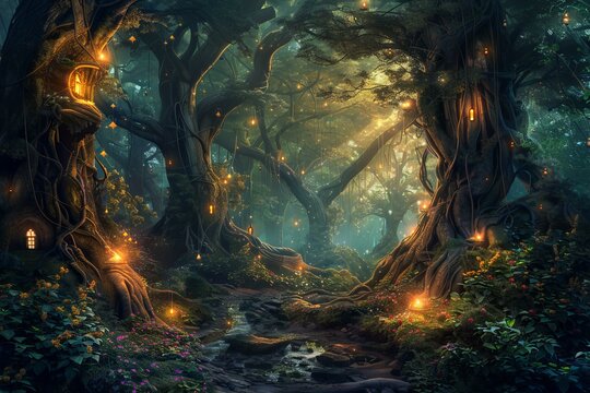 Mystical forest illuminated by lanterns and fairy lights, creating a magical ambiance